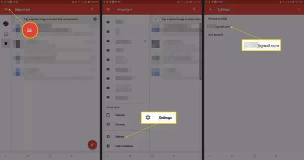 Nút menu, nút Cài đặt và tài khoản Gmail trong Cài đặt Gmail của Android